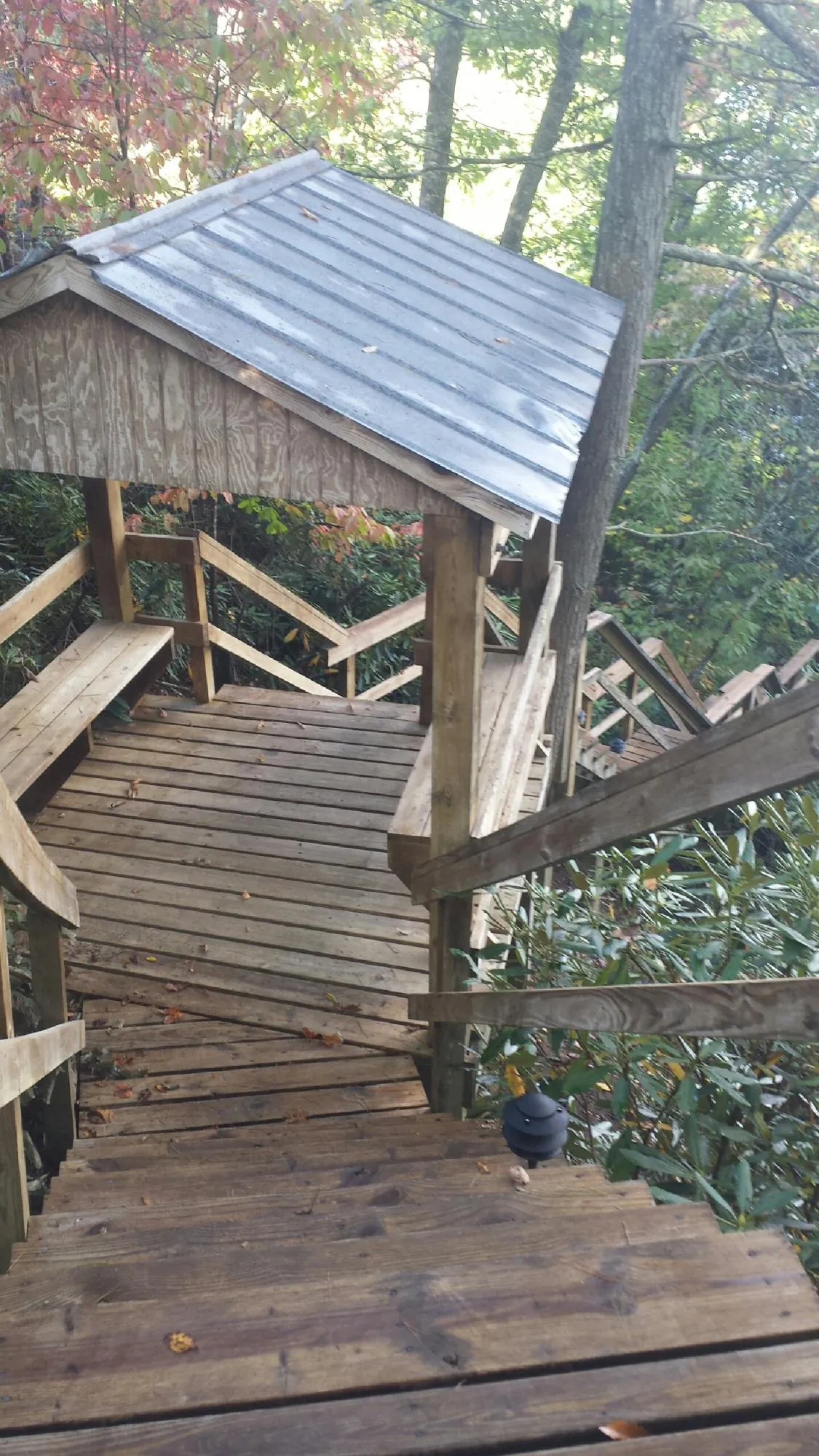 Metal roofed shelter over wooden steps on a wooded walkway — Skylight Repair & Installation work by our crew in Hayfork